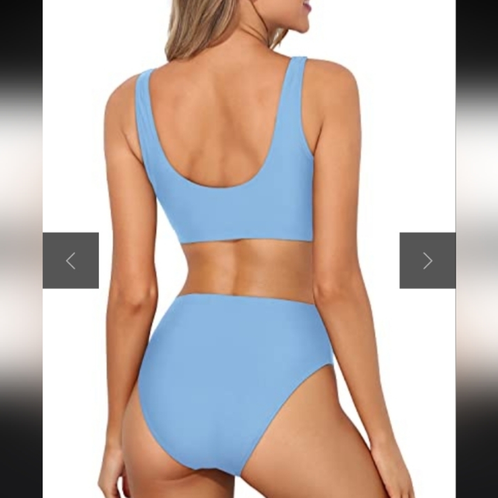 #52- Tempt Me Scoop Neck Sporty Bikini Swimwear Set in Light Blue, Small - Picture 3 of 11